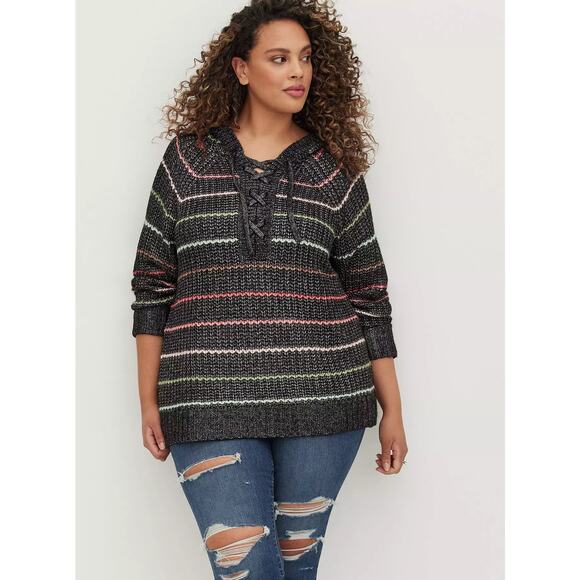 Torrid Chunky Pullover Hooded Raglan Sweater Gray Rainbow Stripe 2 2X - Picture 1 of 9